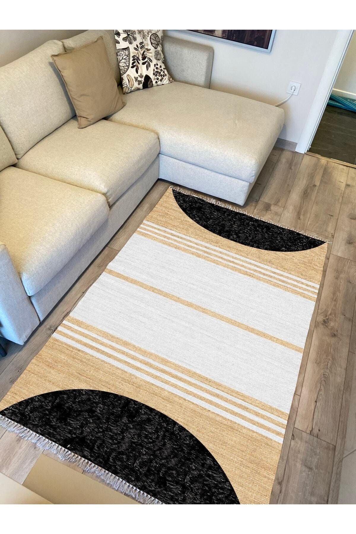 Cotton Serisi Hasır Görünümlü Siyah Beyaz Modern Desen Dekoratif Dokuma Taban Kilim