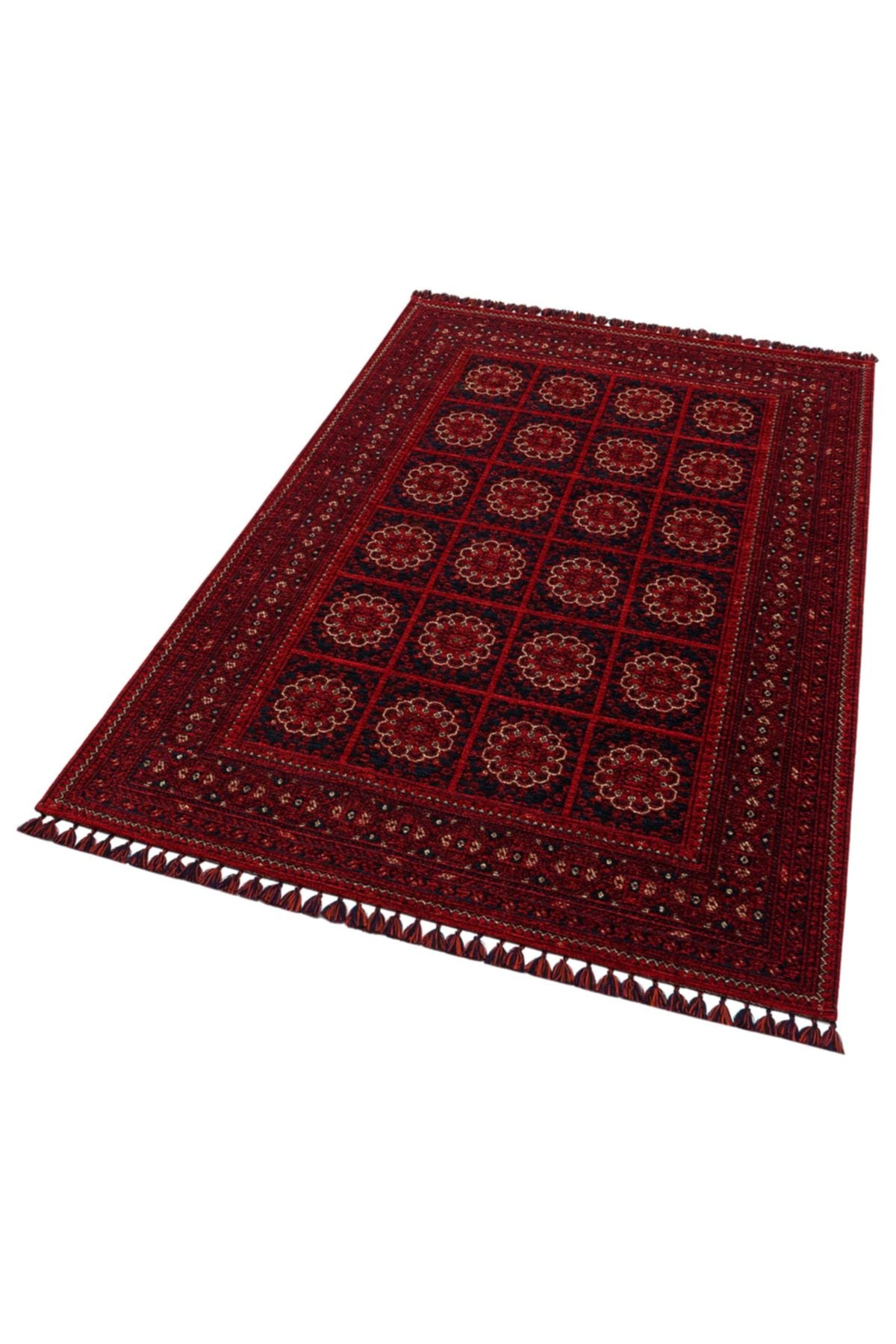 Buharı Bhr 03 Red Afgan / Yağcıbedir Desenli Hav Toz Vermez Yıkanabilir Kaymaz Ince Dokuma Halı