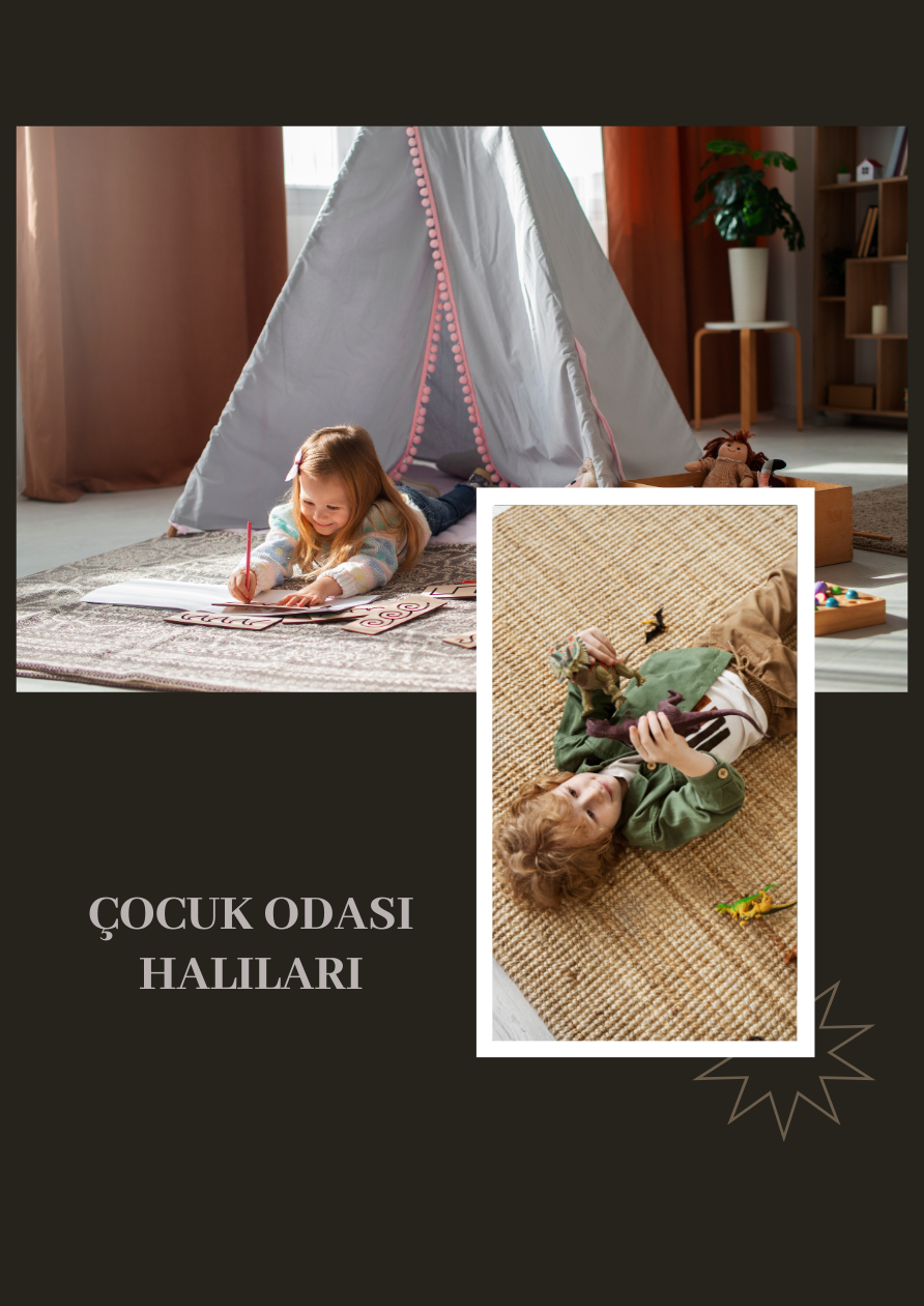 Çocuk odası halıları ile oynayan iki çocuk. Sol tarafta, bir çocuk kalemle çizim yaparken, sağ tarafta bir çocuk oyuncaklarıyla neşeyle oyun oynuyor. Halılar, çocukların oyun alanlarını daha eğlenceli ve konforlu hale getiriyor.