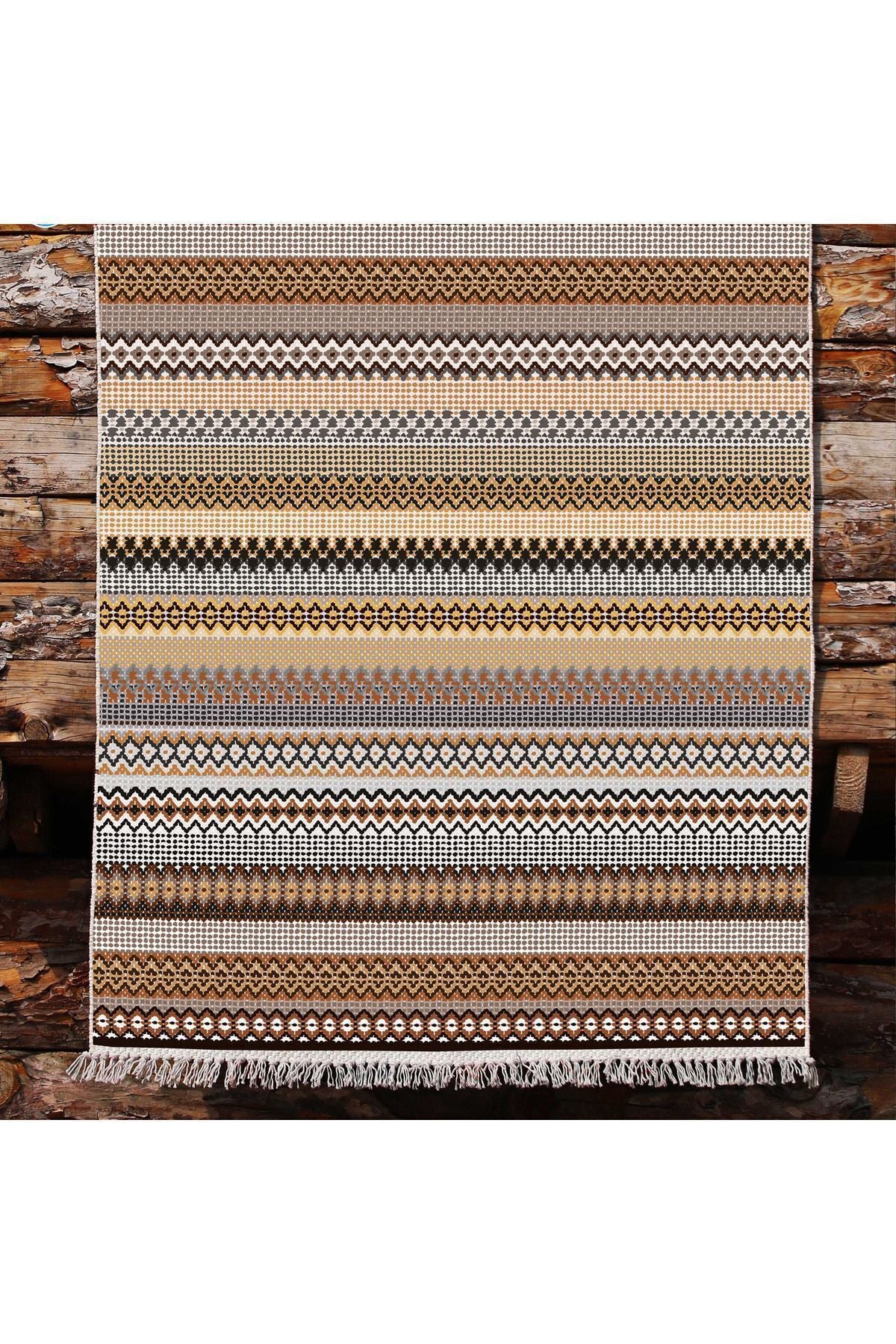 Cotton Kilim 3622 Etnik Geleneksel Motifler Modern Dekoratif Saçaklı Yıkanabilen Dokuma Kilim