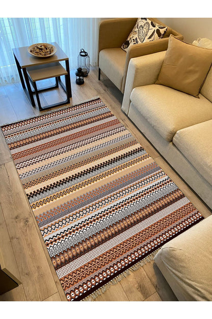 Cotton Kilim 3622 Etnik Geleneksel Motifler Modern Dekoratif Saçaklı Yıkanabilen Dokuma Kilim