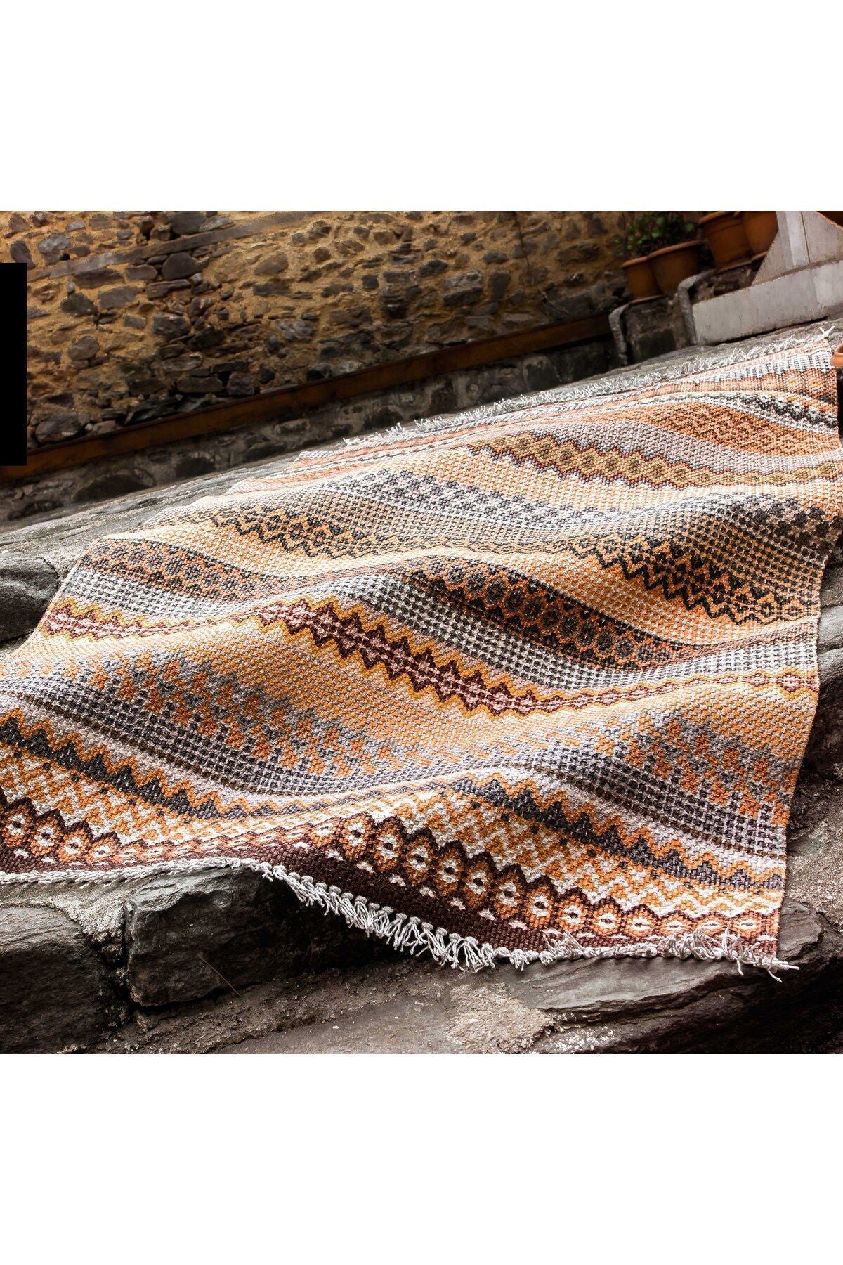 Cotton Kilim 3622 Etnik Geleneksel Motifler Modern Dekoratif Saçaklı Yıkanabilen Dokuma Kilim