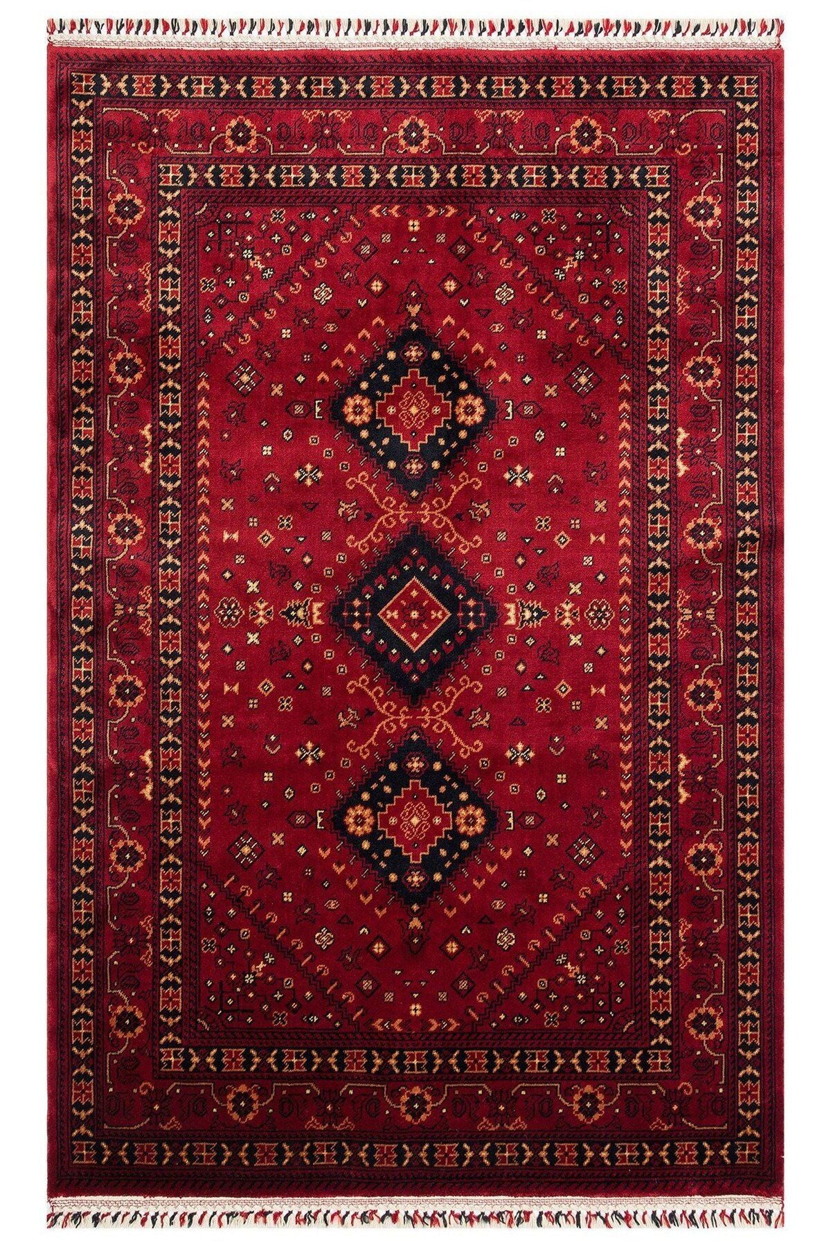 Nostaljı 961 Red Afgan/yağcıbedir Desenli El Emeği Ile Özel Tezgahlarda Üretilen Bambu Uşak Halısı