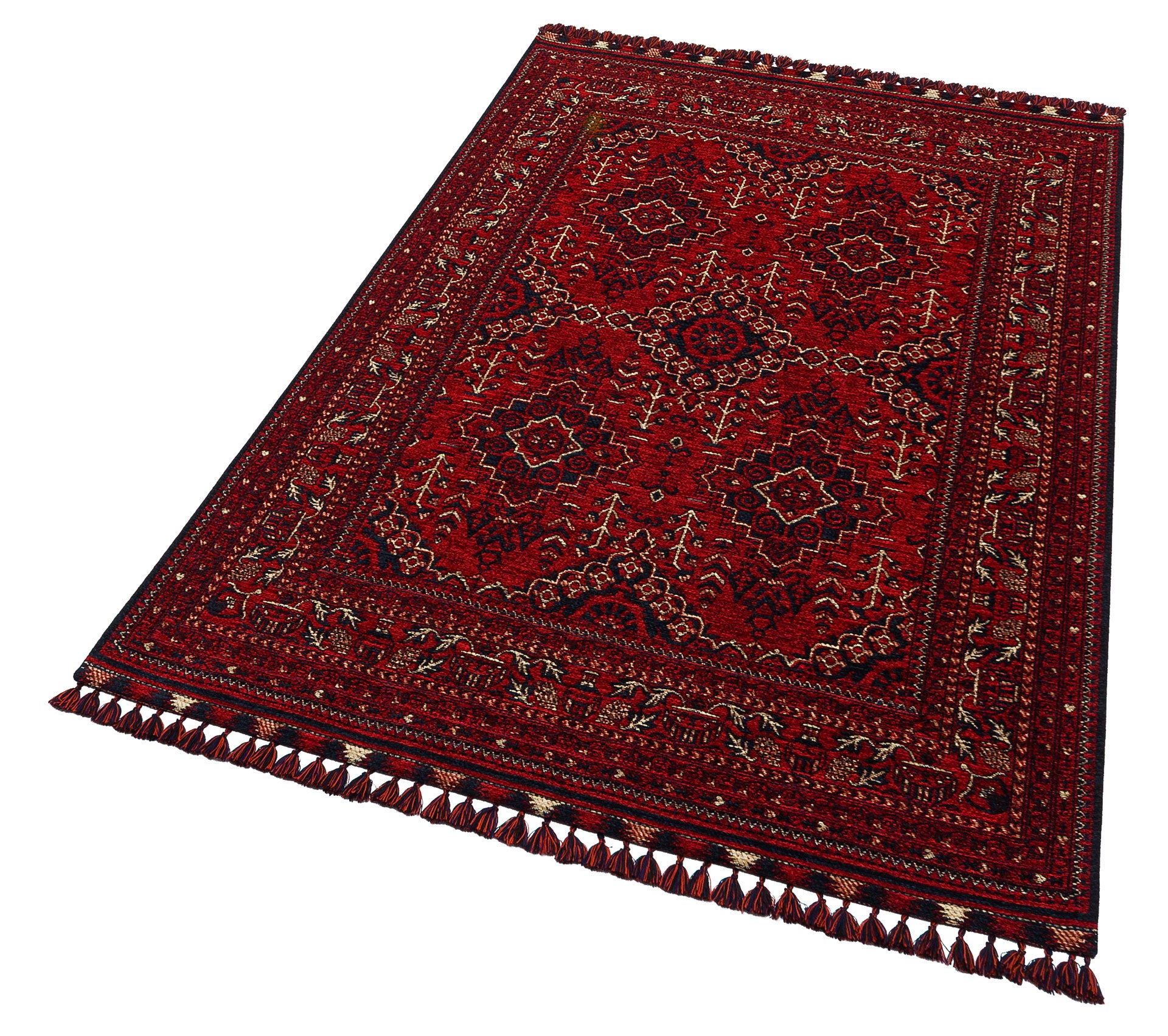 Buharı Bhr 05 Kırmızı Afgan Halı, Yağcıbedir Deseni ile Evinizde Zarif Bir Dokunuş Katar.