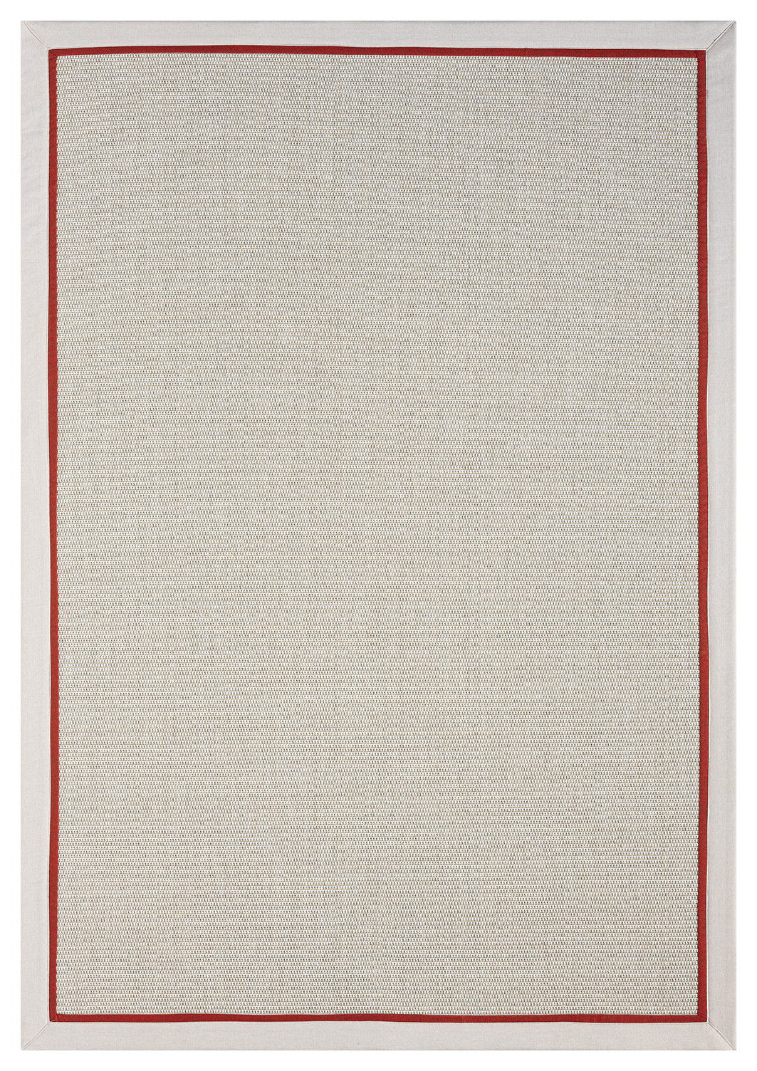 Sisal halının tam üstten görünümü, kırmızı kumaş bordürü ile minimalist tasarımın zarafetini yansıtıyor.
