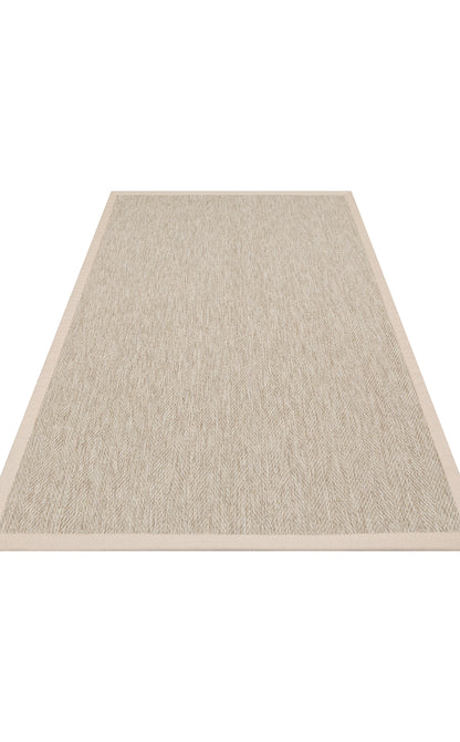 Krem Kumaş Bordürlü Balık Sırtı Desenli Bej Sisal Halı - El Yapımı, Dayanıklı, Modern Tasarım - ZHR_2704_L.Beige_BRD_Beige