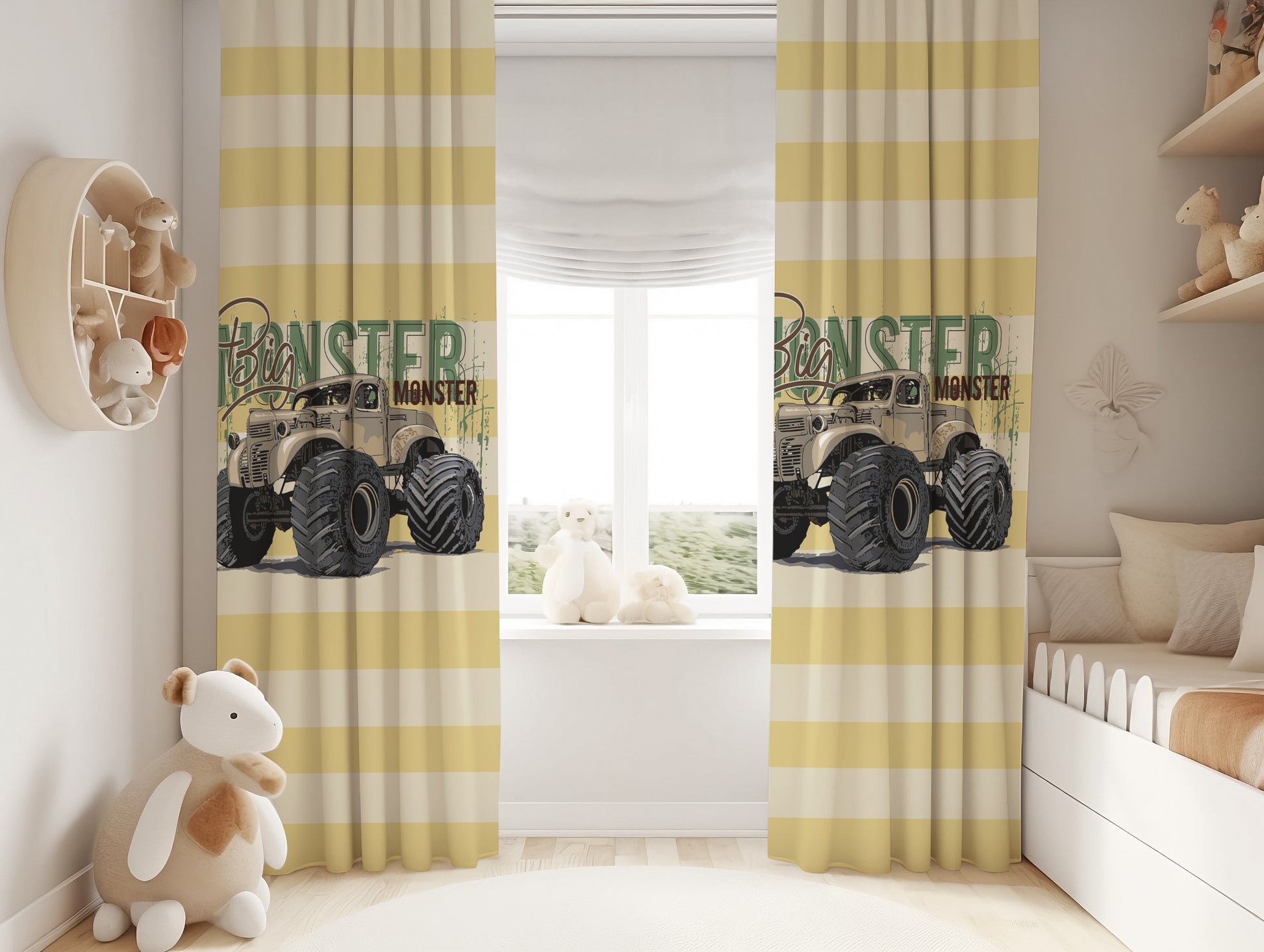 Halı Vagonu HV253 Big Monster Arabalı Desen çocuk odası kadife kumaş fon perde, sevimli araba motifiyle tasarlanmış, şık bir seçim için ideal çocuk odası fon perde.