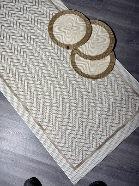 Halı Vagonu JS9717 Jüt Sisal Halı - Zigzaglı Krem Bej, Kaymaz Taban, Hav Yapmaz, Dayanıklı
